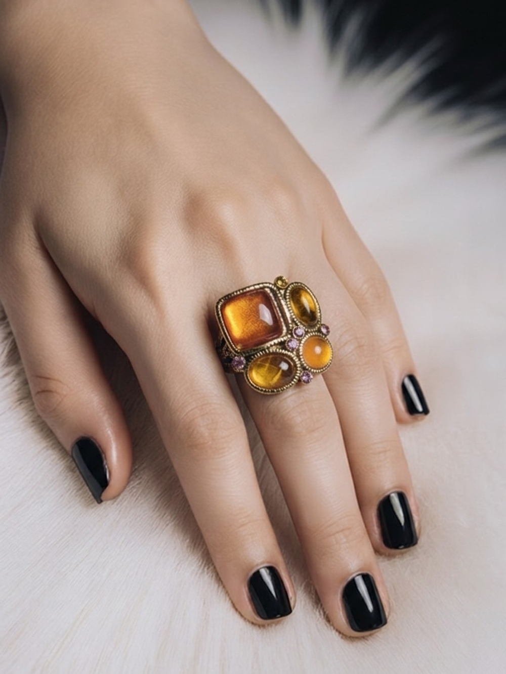 Vintage Boho Mosaic Cabochon Statement Ring Gold Tone